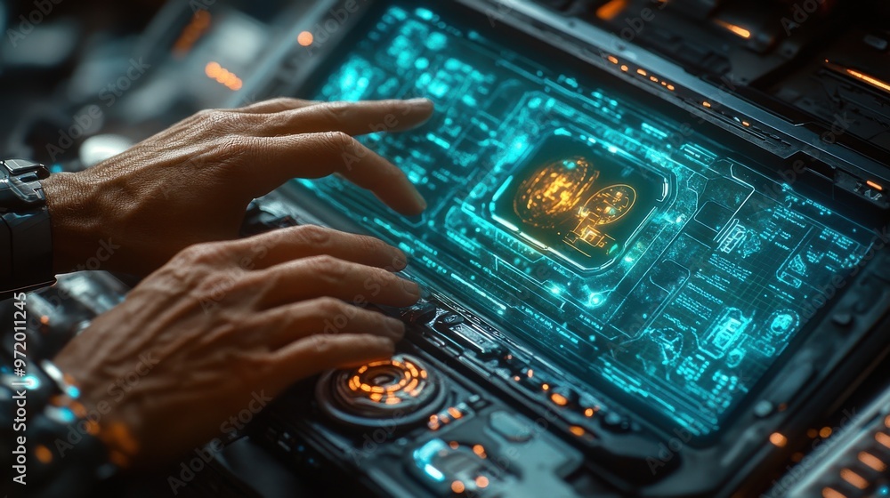 Poster hands operating futuristic touchscreen interface with holographic display, advanced technology in sc