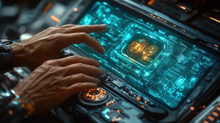 Fototapeta premium Hands operating futuristic touchscreen interface with holographic display, advanced technology in sci-fi setting, innovative human-machine interaction.