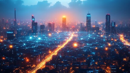 Fototapeta premium A dense metropolis seen from above, illuminated by glowing digital networks connecting smart homes, buildings, and roads. The vibrant neon pathways pulse with data,