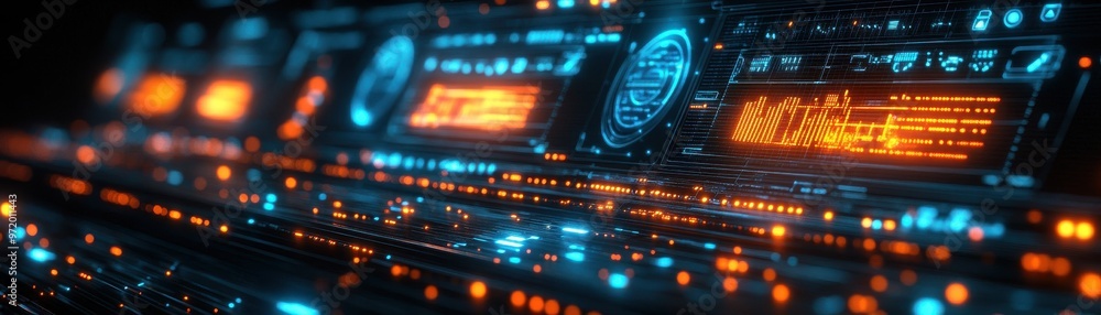 Poster futuristic digital interface with neon lights, data visualization, and high-tech elements in a sleek