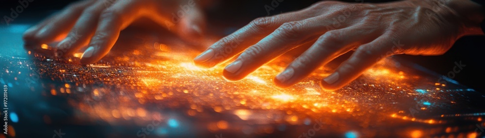 Poster hands interacting with a glowing futuristic interface, representing cutting-edge technology and inno