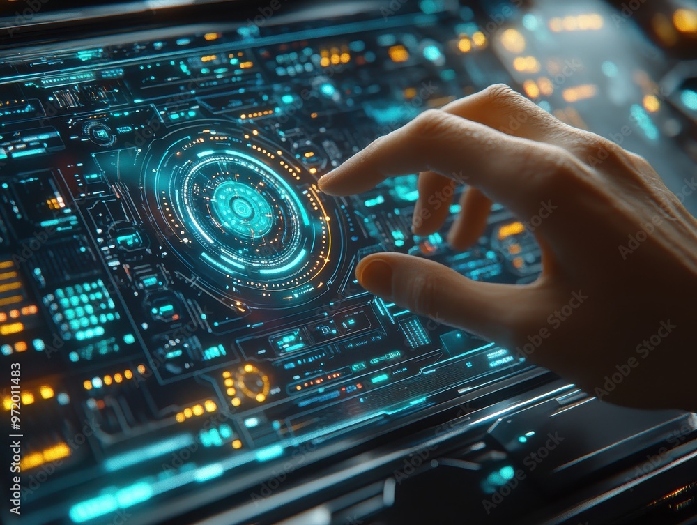 Poster hand interacts with futuristic digital interface, featuring holographic elements and advanced techno
