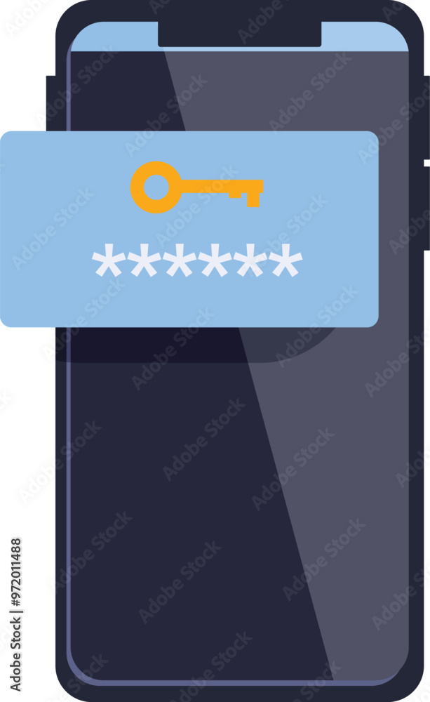 Poster smartphone is showing a password field with asterisks and a key icon, representing secure access and