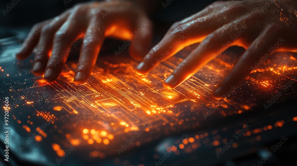 Poster hands interact with a glowing digital interface, depicting technology, innovation, and futuristic th