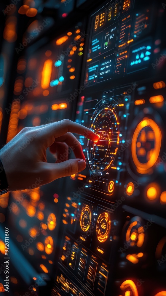 Poster futuristic interface screen with a hand interacting with high-tech controls, illuminated in vibrant 