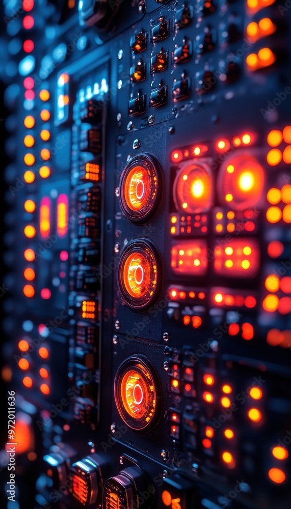 Poster close-up of illuminated control panel with glowing buttons and switches, conveying high-tech and fut