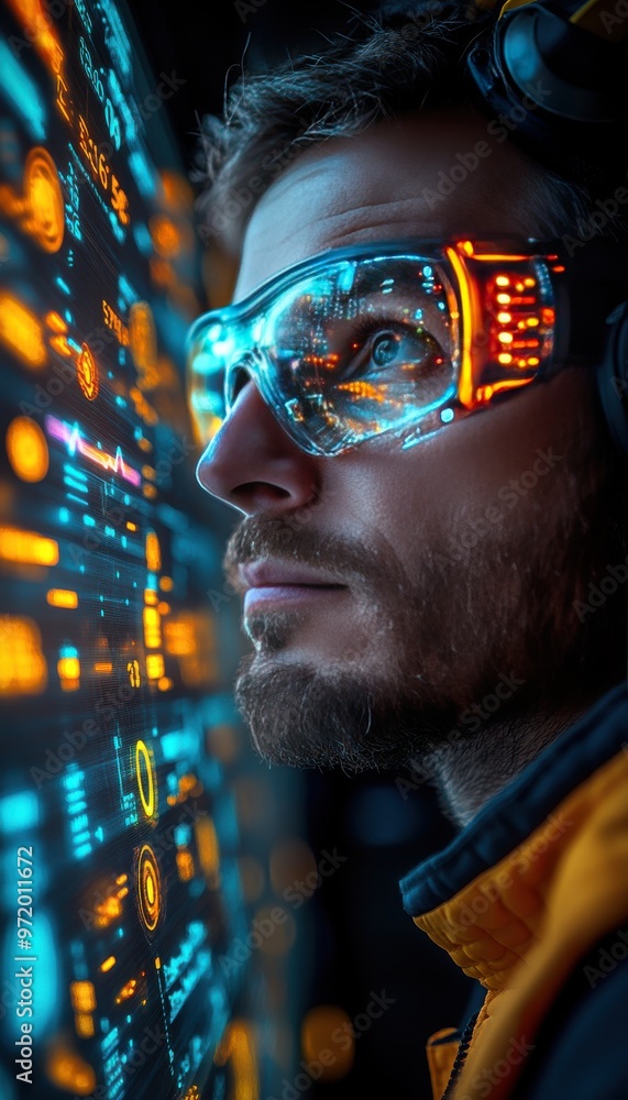 Aufkleber man in futuristic goggles interacting with digital interface displaying vibrant neon-colored data ch