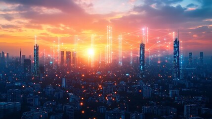 Obraz premium A digital skyline at dusk, with glowing neon lines representing data streams connecting wireless towers and smart homes across the city. The sunset bathes the scene in warm pink and orange hues,