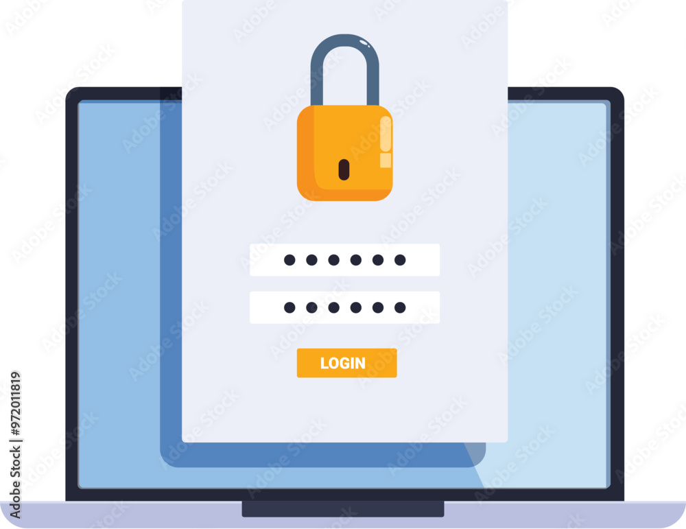 Poster laptop showing login form with password protection system and a padlock, concept of cyber security a