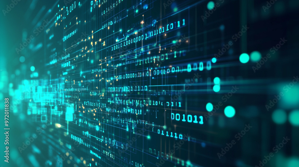 Poster abstract digital illustration of flowing binary code in a futuristic network environment