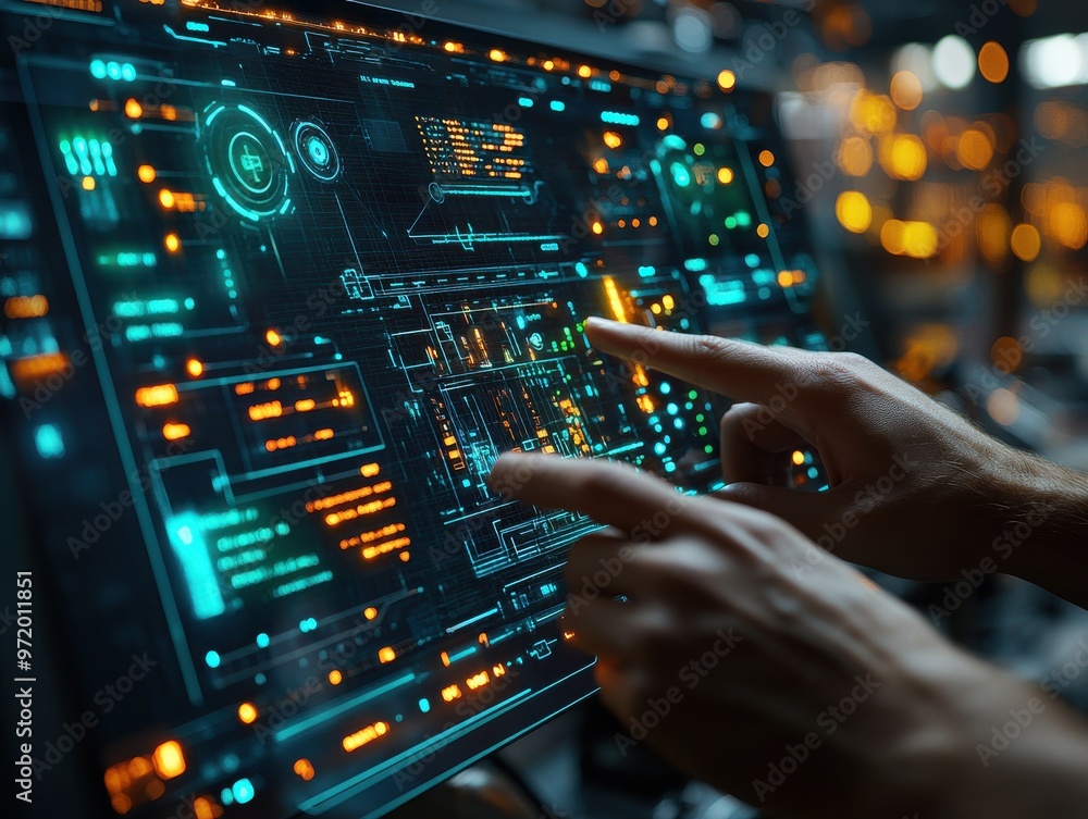 Poster hands interacting with futuristic digital interface on a touchscreen, showcasing modern technology a