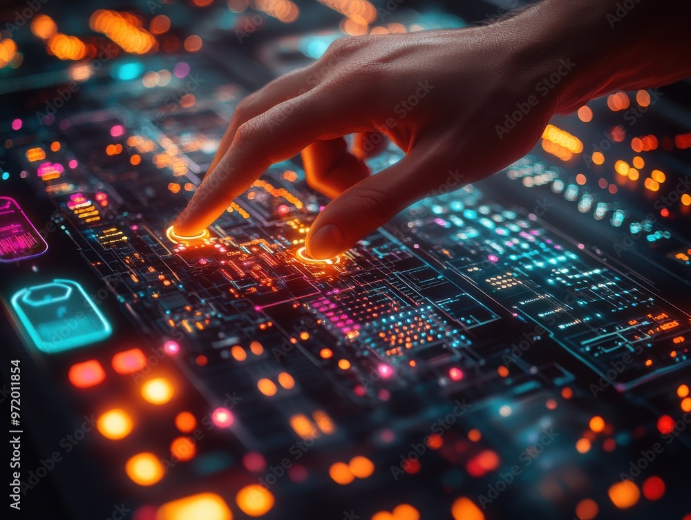 Poster futuristic interface with a hand interacting with a digital control panel. bright colors and technol