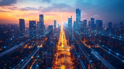 Fototapeta premium A drone’s perspective of a tech-driven city, where illuminated data cables and wireless signals crisscross between skyscrapers and roads.