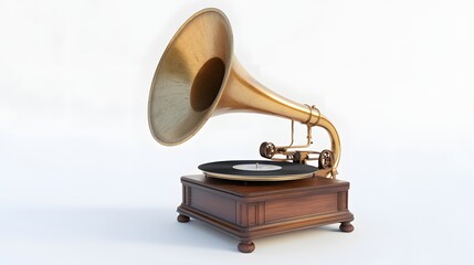 98. A detailed 3D render of a vintage gramophone with a brass horn, isolated on a pristine white background