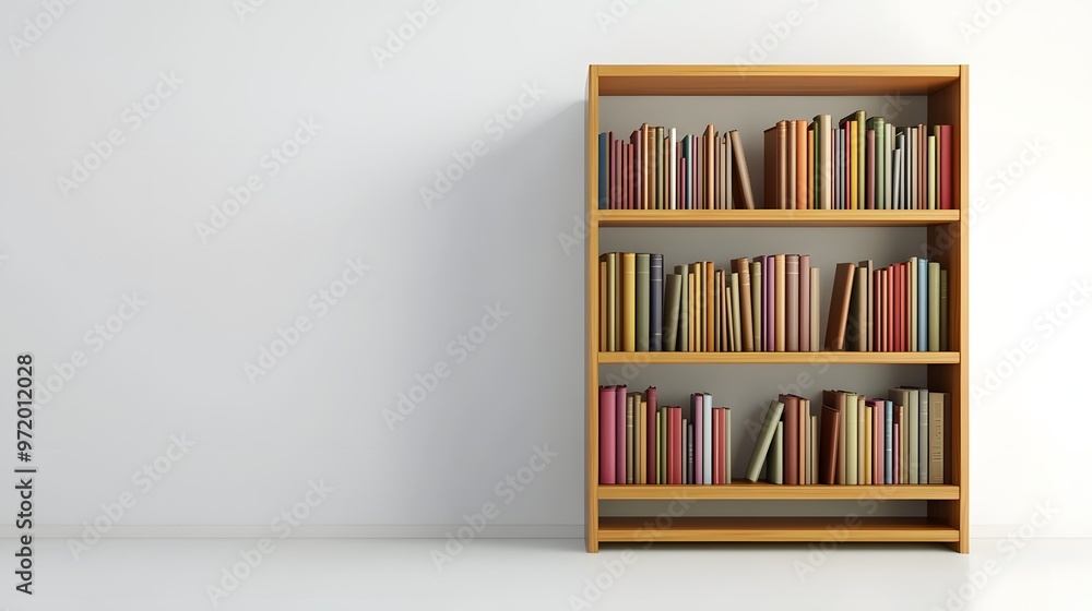 Aufkleber 99. a lifelike 3d render of a modern bookshelf with minimalist design, isolated on a pristine white 