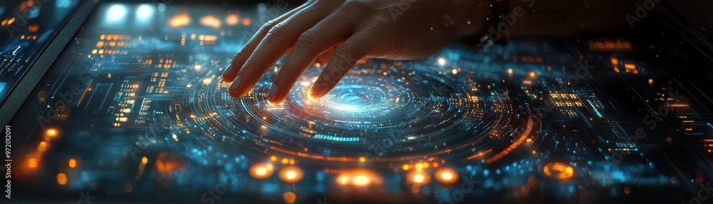 Poster a person's hand interacts with a glowing, futuristic touchscreen interface with vibrant, holographic