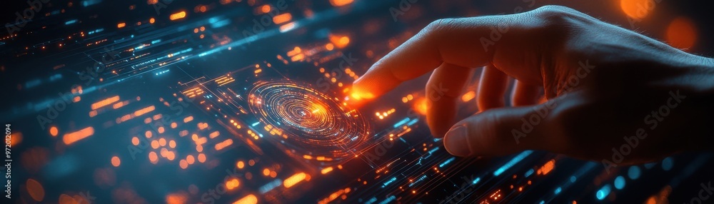 Poster a futuristic image of a hand interacting with a digital interface, representing technology, innovati