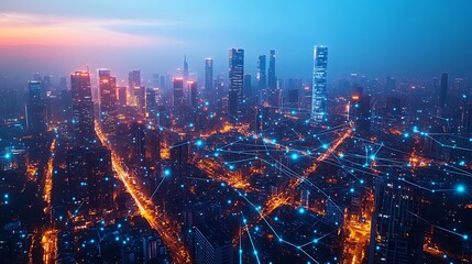 Obraz premium A drone’s-eye view of a smart city glowing with interconnected data cables and wireless signals. The vibrant network of communication links every building and road,