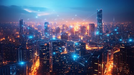 Fototapeta premium A dynamic city at night, where neon communication lines crisscross between sleek skyscrapers and public spaces, forming a web of digital energy.