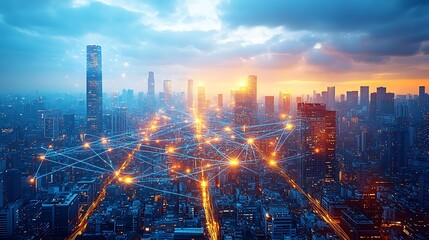 Fototapeta premium A dynamic city at dusk, with glowing lines of communication and electricity connecting skyscrapers and streets. The city pulses with digital energy,