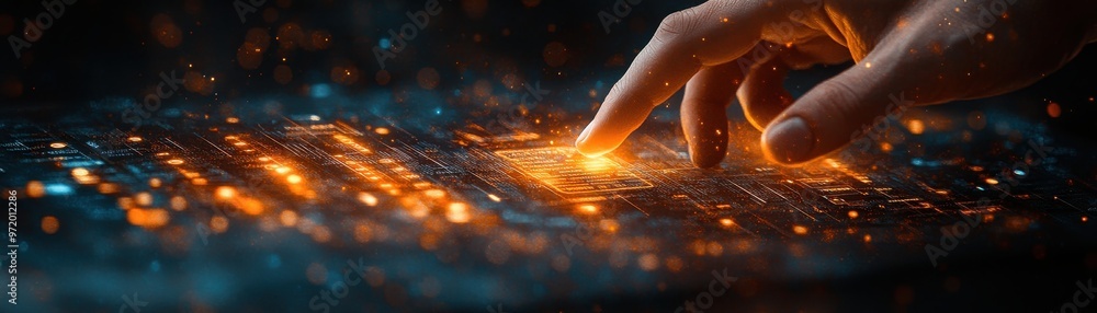 Poster close-up of a hand interacting with a digital touch screen interface, illustrating advanced technolo