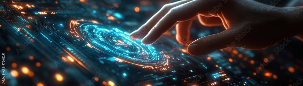 Poster futuristic touchscreen technology with hand interacting, depicting advanced digital interface and in