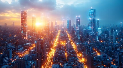 Fototapeta premium A dynamic, high-tech city glowing with pulsing light from communication hubs as data flows seamlessly through the network. The neon-lit streets and skyscrapers pulse with energy,