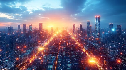 Fototapeta premium A dynamic, high-tech city glowing with pulsing light from communication hubs as data flows seamlessly through the network. The neon-lit streets and skyscrapers pulse with energy,
