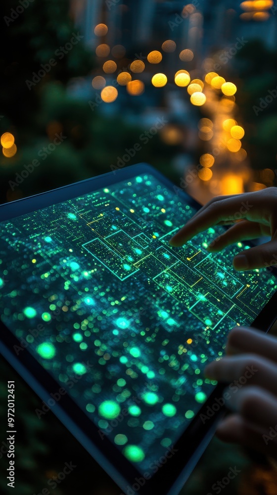 Poster close-up of hands interacting with a tablet displaying digital data in a cityscape at night. high te