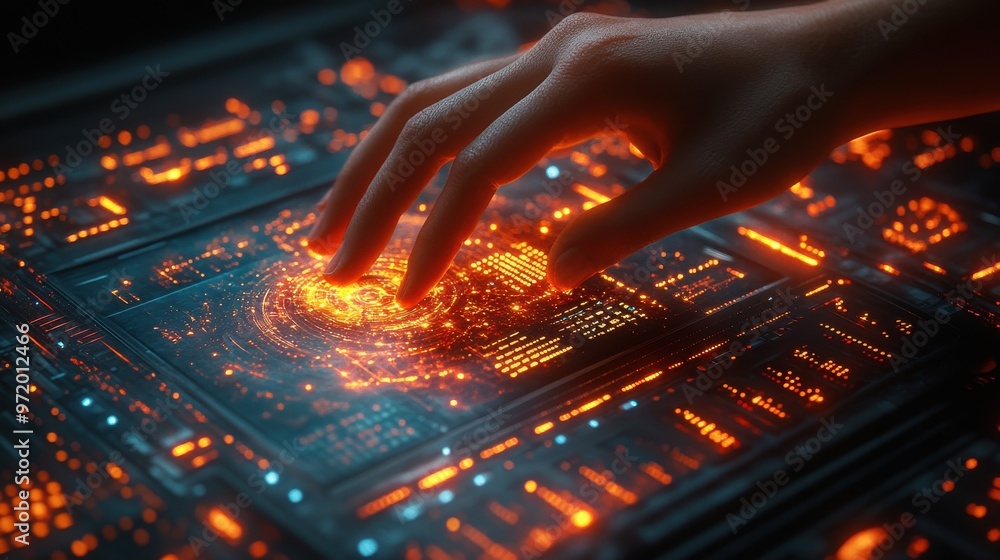 Poster a futuristic and immersive touch screen interface with glowing orange circuitry, showcasing advanced