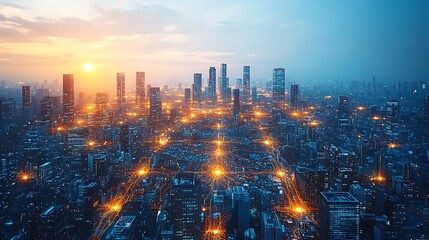 Obraz premium A futuristic AI-driven city seen from above, where glowing data circuits connect every building and road, forming a web of digital intelligence.