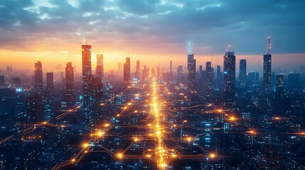 Fototapeta premium A futuristic AI-powered cityscape at dusk, with glowing data circuits interwoven between buildings and roads. The city hums with digital energy as artificial intelligence controls every system,
