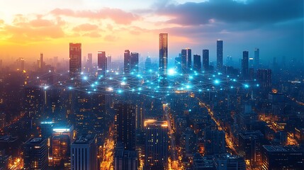 Fototapeta premium A futuristic city at twilight, illuminated by glowing communication lines that pulse with digital energy, connecting skyscrapers and transportation systems.