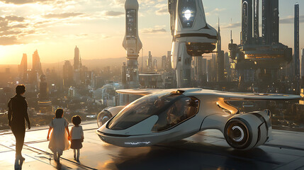 A family stepping into a futuristic flying taxi with the skyline of a bustling technologically advanced city in the background
