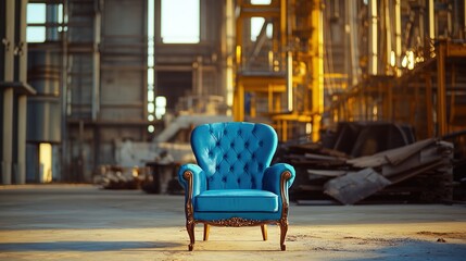 Royal Blue Chair Set Against the Backdrop of a Modern Industrial Construction Site or Factory, Illuminated by Soft Yellow Lighting. The Contrast Between the Luxurious Chair and the Rough Industrial 