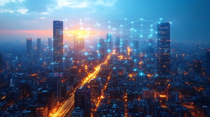 Fototapeta premium A futuristic city glowing with digital networks that power communication and transportation systems, seen from a drone’s perspective. The neon-lit web of connectivity stretches across skyscrapers,