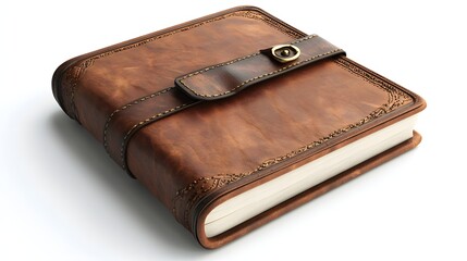 72. A lifelike 3D render of a stylish leather-bound journal with a clasp, isolated on a pristine white background