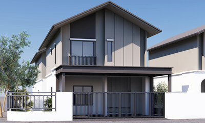 Trend Modern House, Tropical Inspired, in grey tone color with garden and tree in modern japanese style. 3D Rendering