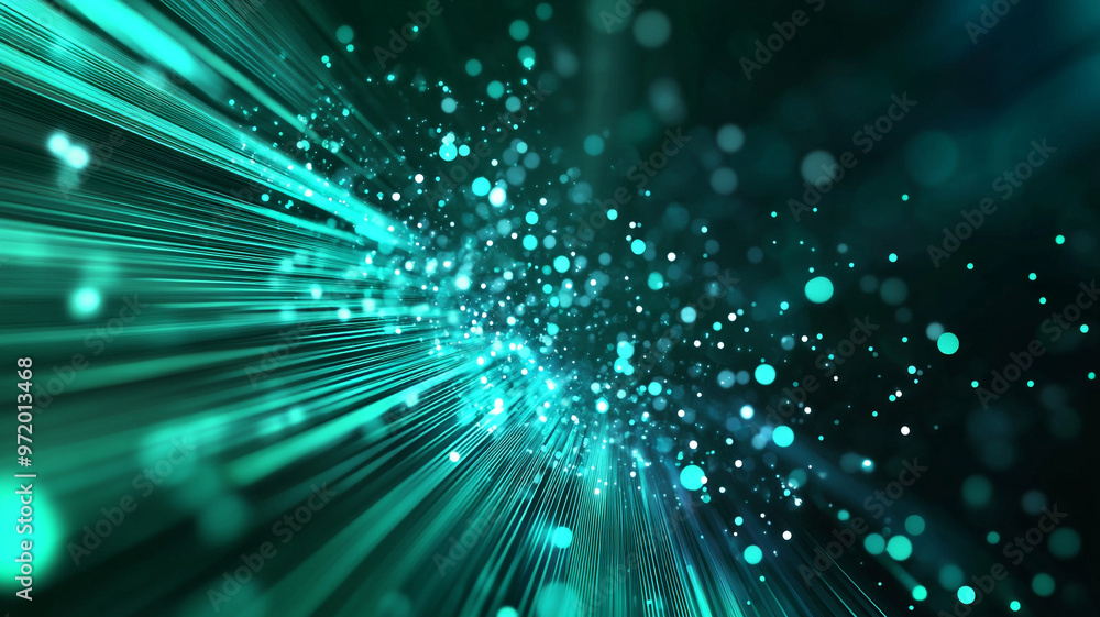 Poster vibrant teal rays and glowing particles creating a sense of depth and motion in a dark background