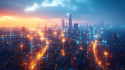 Fototapeta premium A futuristic city powered by artificial intelligence, with vibrant neon data circuits running through streets and buildings. The AI-driven network creates a seamless flow of data,