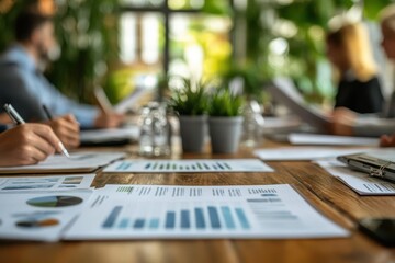 Team passing around paper reports on ethical investing and ESG compliance during a meeting, ESG compliance, investment discussion