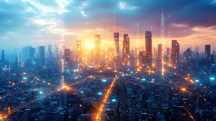 Fototapeta premium A futuristic city pulsing with vibrant data streams, glowing lines of communication and electricity weaving through the streets and high-rise buildings.