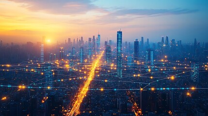 Fototapeta premium A futuristic city seen from a drone’s perspective, with illuminated data streams flowing between smart buildings and roads. The glowing communication lines form a network of energy and technology,