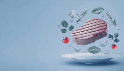 3D render of cute pastel-colored steak with vegetables and herbs in a cute menu concept from Steak.