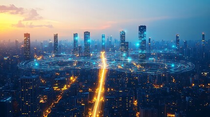 Fototapeta premium A futuristic city seen from a drone’s perspective, with illuminated data streams flowing between smart buildings and roads. The glowing communication lines form a network of energy and technology,