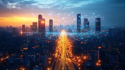 A futuristic city seen from a drone’s perspective, with illuminated data streams flowing between smart buildings and roads. The glowing communication lines form a network of energy and technology,