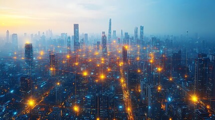 Fototapeta premium A futuristic city seen from above, glowing with pulsing lights from communication hubs as data flows through the network. The skyline pulses with digital energy,