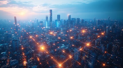 Fototapeta premium A futuristic city seen from above, glowing with pulsing lights from communication hubs as data flows through the network. The skyline pulses with digital energy,