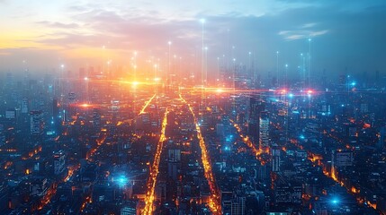 Fototapeta premium A futuristic city seen from above, with communication hubs emitting pulses of light that flow like waves across the skyline.