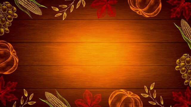 Autumn Thanksgiving hand drawn background with animated vegetables and autumn leaves. Place for text